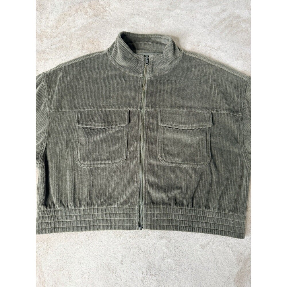 Aerie Olive Green Corduroy Cropped Jacket Full Zip Utility Pockets Size M - Picture 3 of 10